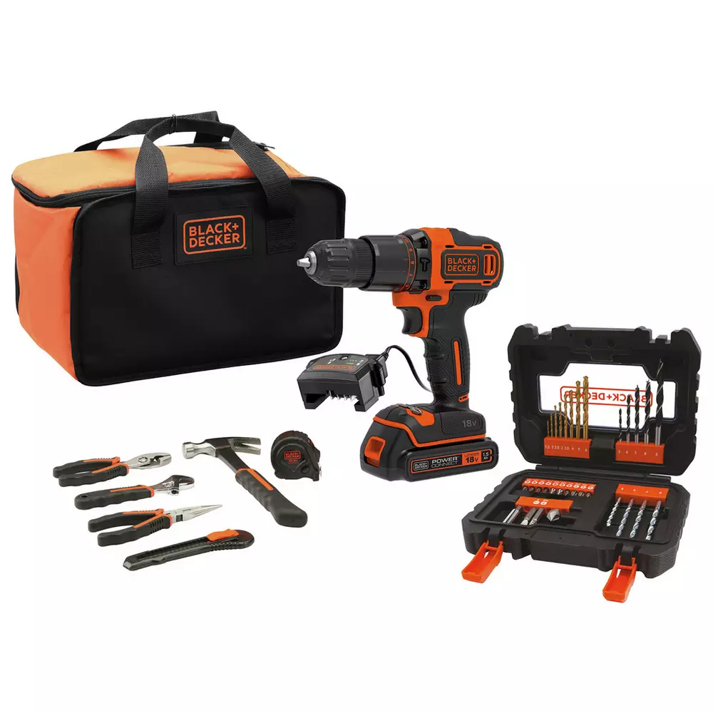Black + Decker 18V Cordless Hammer Drill Tool and Bit Set
